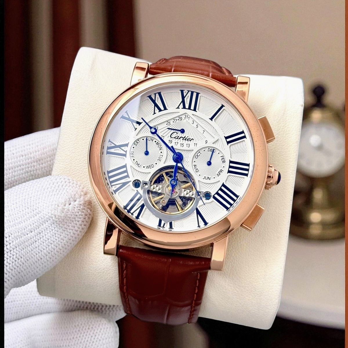 Cartier Tourbillon Rose Gold Blue Roman Dial Leather Watch – Ultra Luxury Edition - Image 7