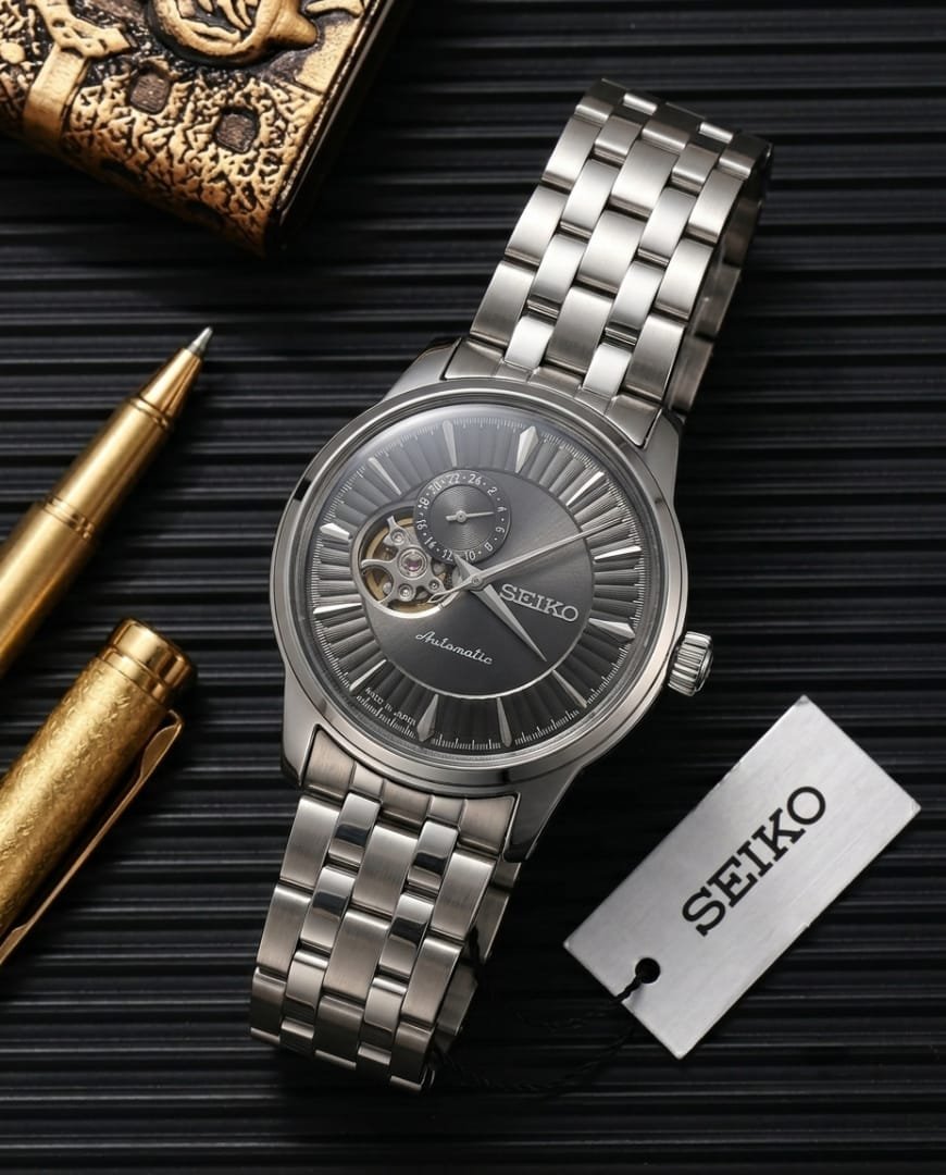 Seiko Presage Cocktail Time Open Heart Sunray Black Dial Stainless Steel Men's Watch