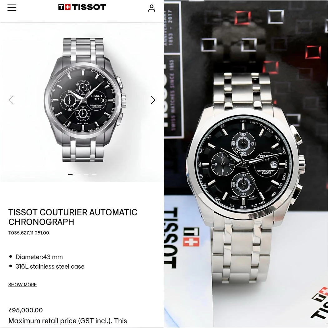 Tissot Couturier Chronograph Black Dial Stainless Steel Men's Watch - Image 2