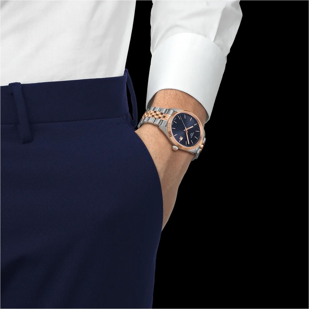 Tissot Ballade 40mm Two-Tone Rose Gold Fluted Bezel Blue Dial Men's Watch - Image 5