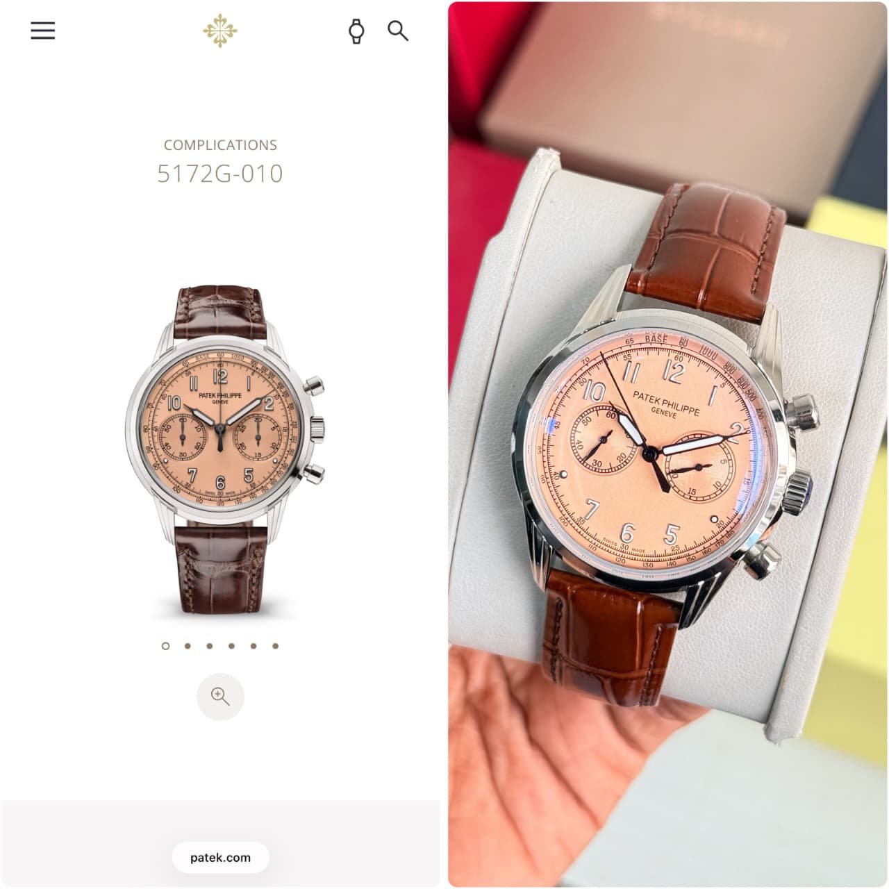 Patek Philippe Complications 5172G-010 Salmon Dial Chronograph Brown Leather Men's Watch - Image 2