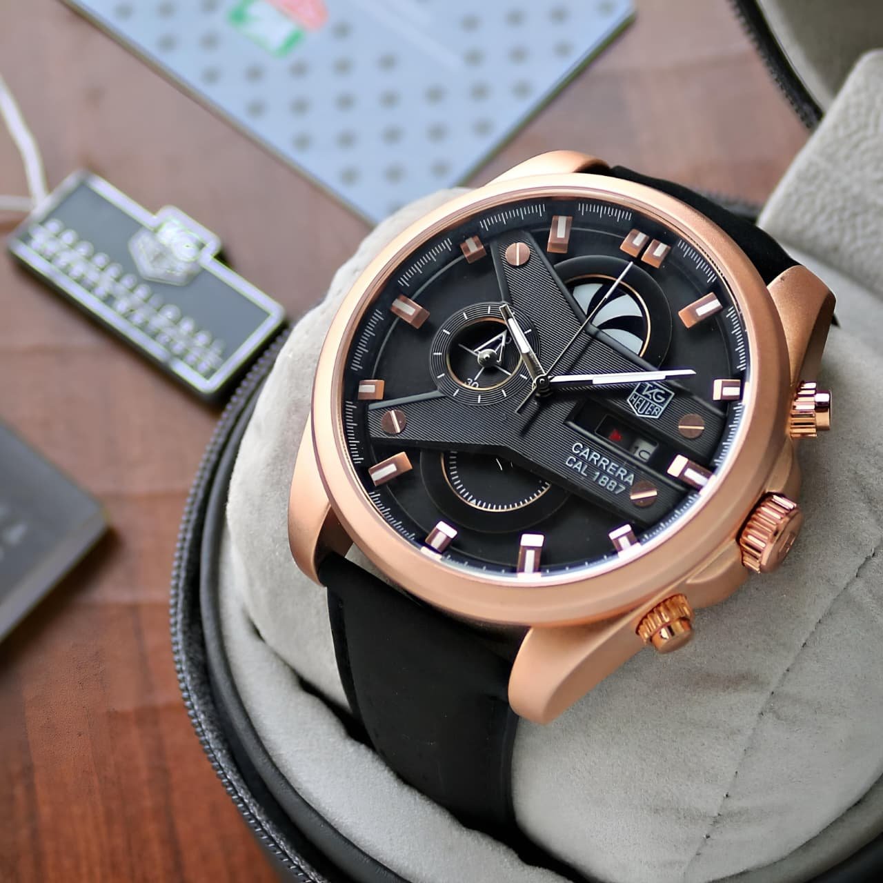 TAG Heuer Carrera Calibre 1887 Rose Gold Black Dial Black Strap Men's Watch
