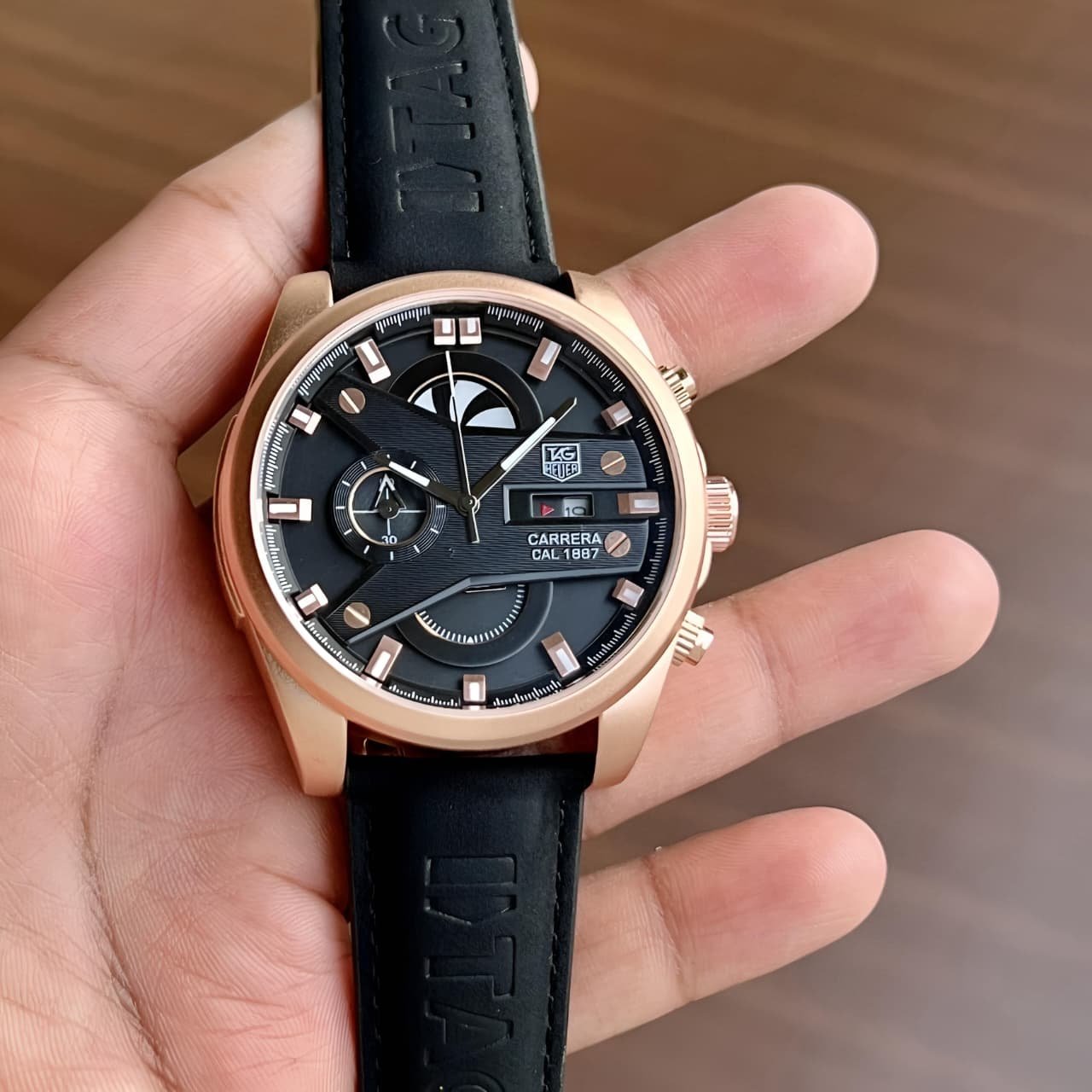 TAG Heuer Carrera Calibre 1887 Rose Gold Black Dial Black Strap Men's Watch - Image 2