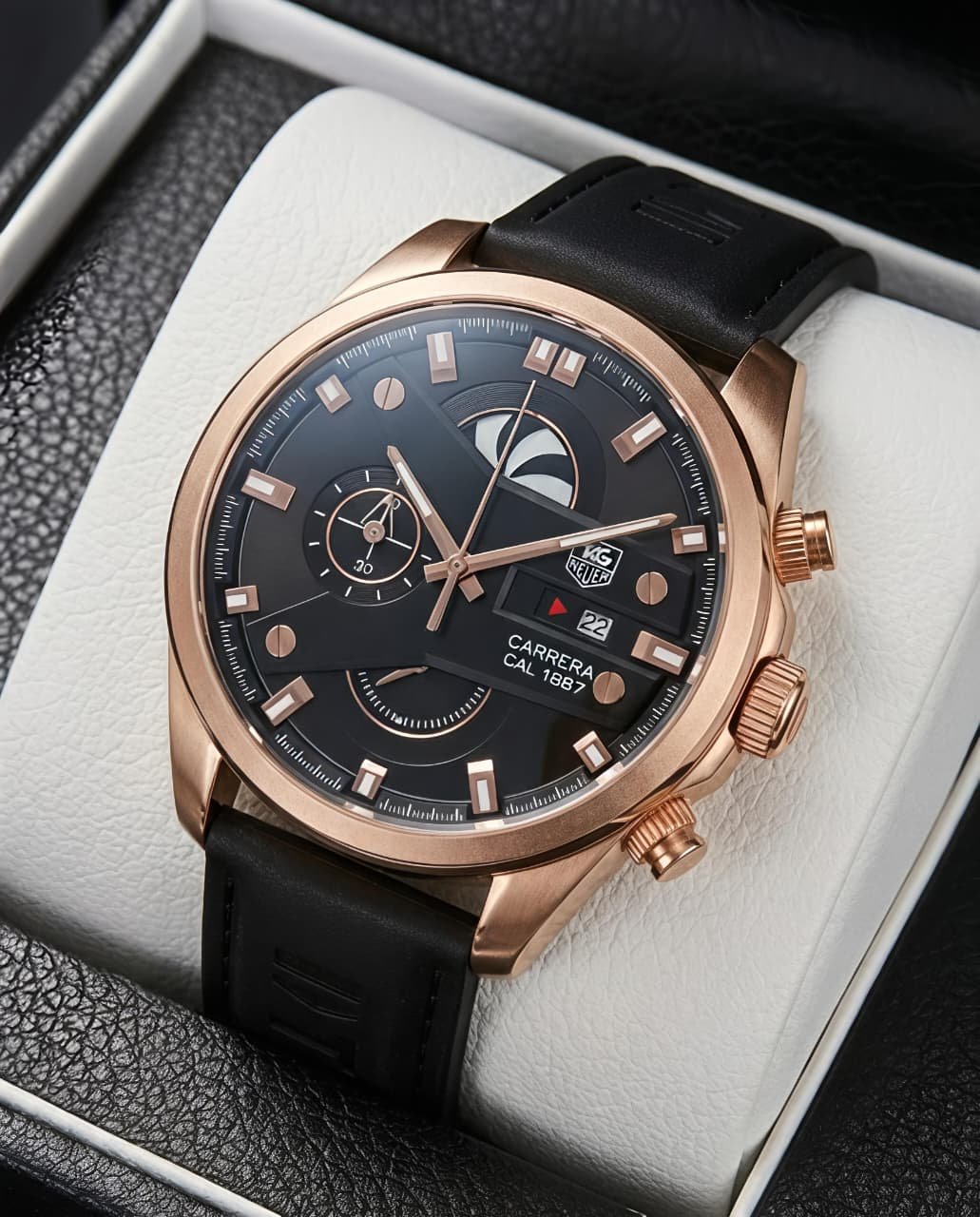 TAG Heuer Carrera Calibre 1887 Rose Gold Black Dial Black Strap Men's Watch - Image 4