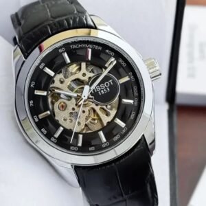 Alternative view of Tissot Skeleton Automatic Openwork Dial Black Leather Strap Men's Watch