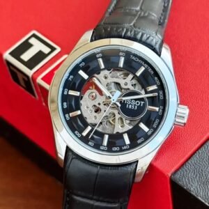 Tissot Skeleton Automatic Openwork Dial Black Leather Strap Men's Watch