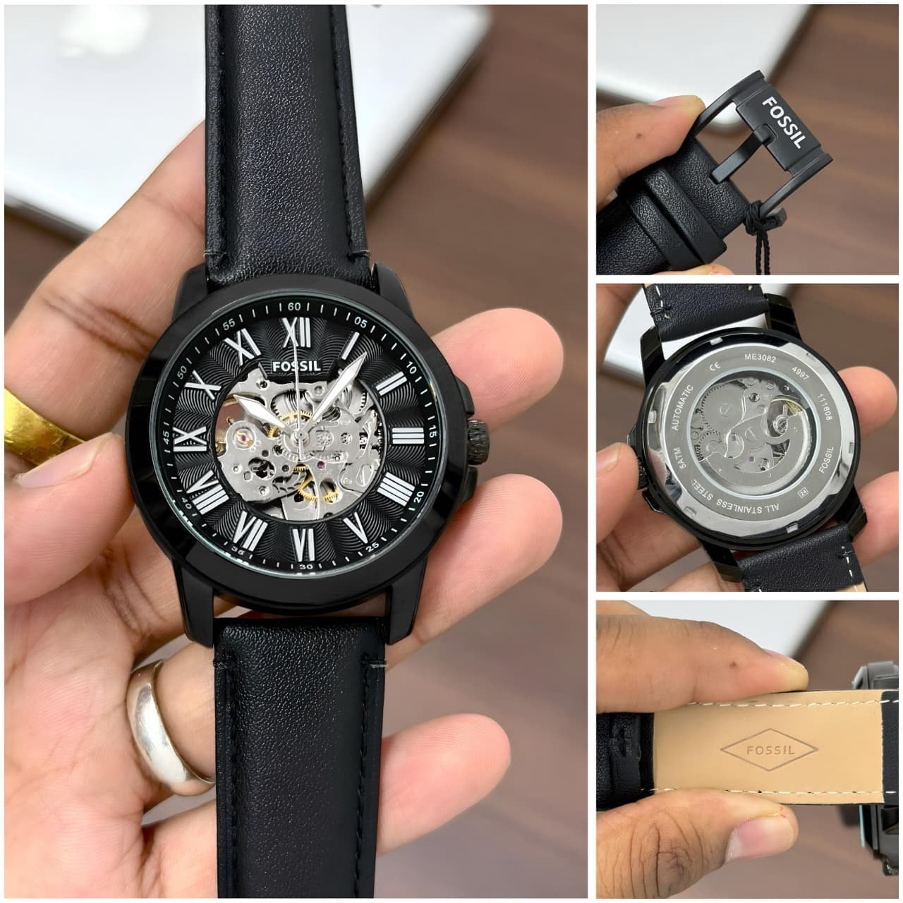 Fossil Grant Skeleton Automatic Black Dial Black Leather Strap Men's Watch (ME3094) - Image 3