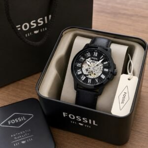 Fossil Grant Skeleton Automatic Black Dial Black Leather Strap Men's Watch (ME3094)