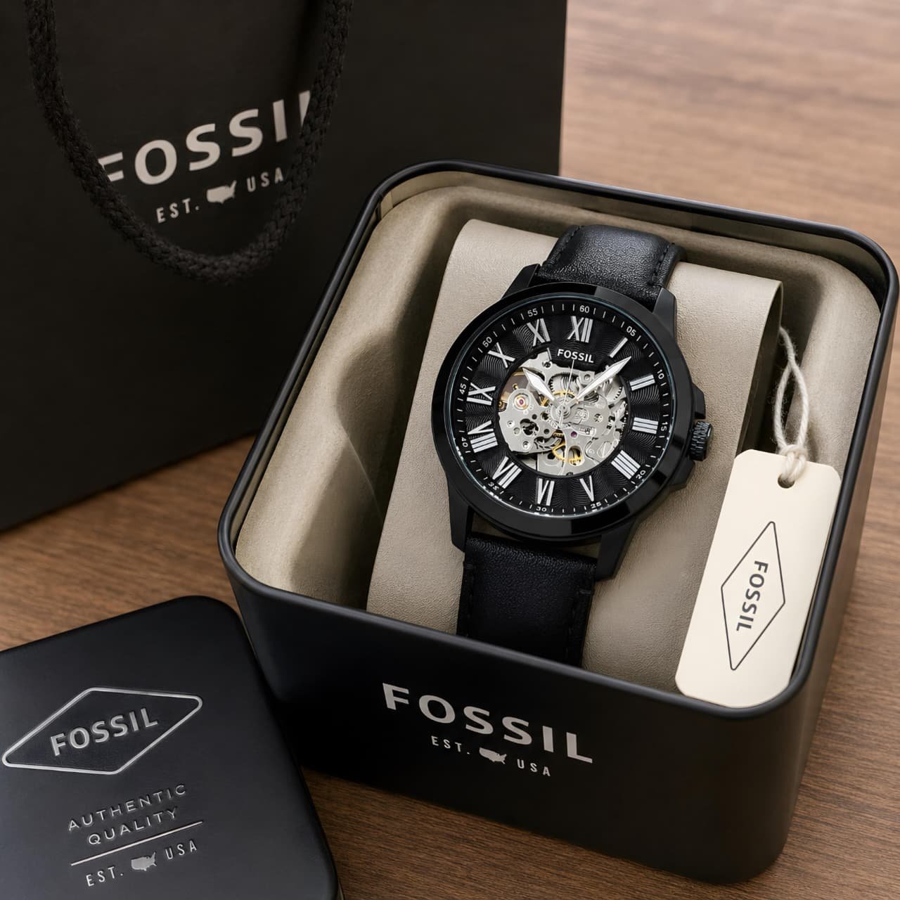 Fossil Grant Skeleton Automatic Black Dial Black Leather Strap Men's Watch (ME3094)