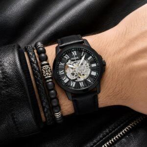 Fossil Grant Skeleton Automatic Black Dial Black Leather Strap Men's Watch (ME3094) - Image 4
