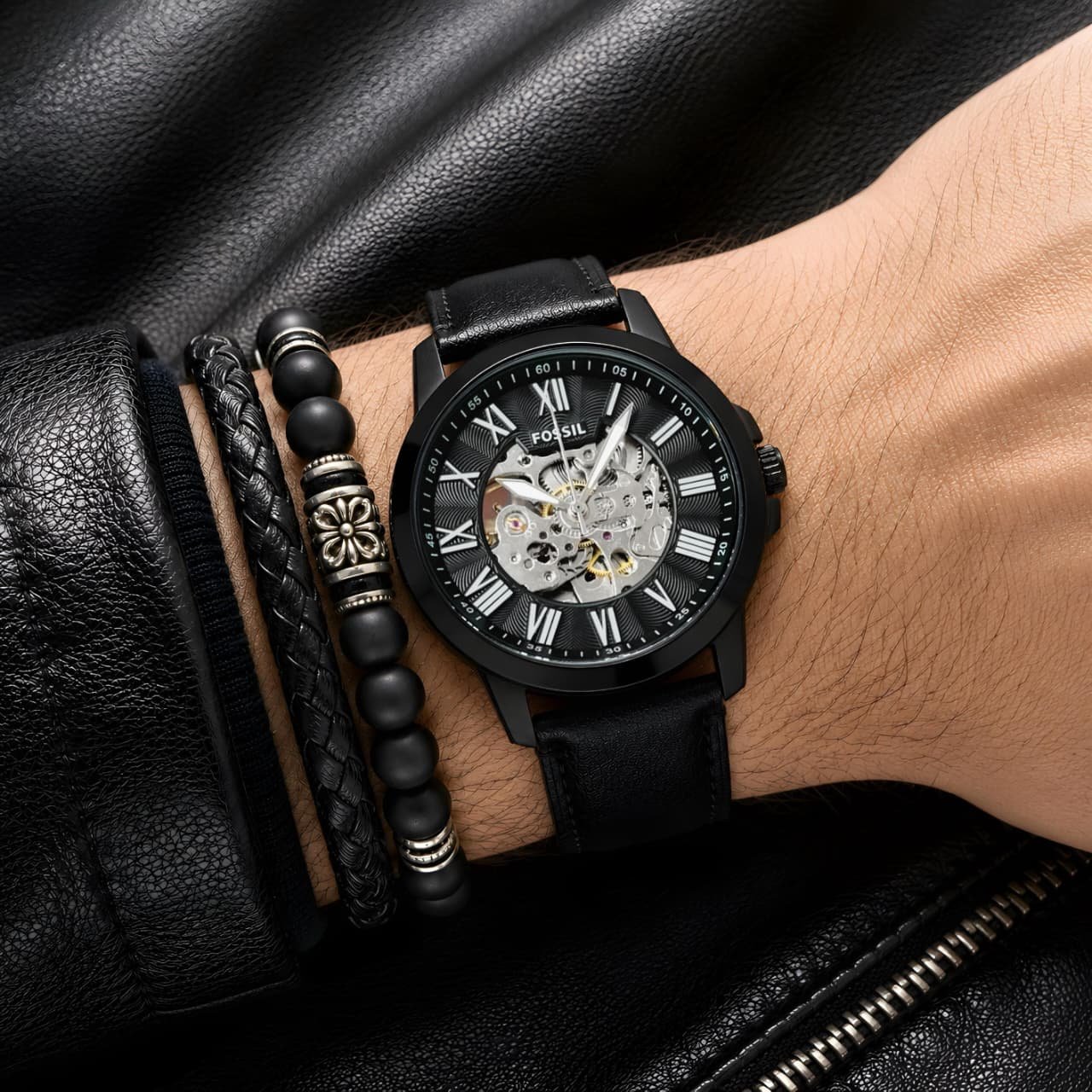 Fossil Grant Skeleton Automatic Black Dial Black Leather Strap Men's Watch (ME3094) - Image 4