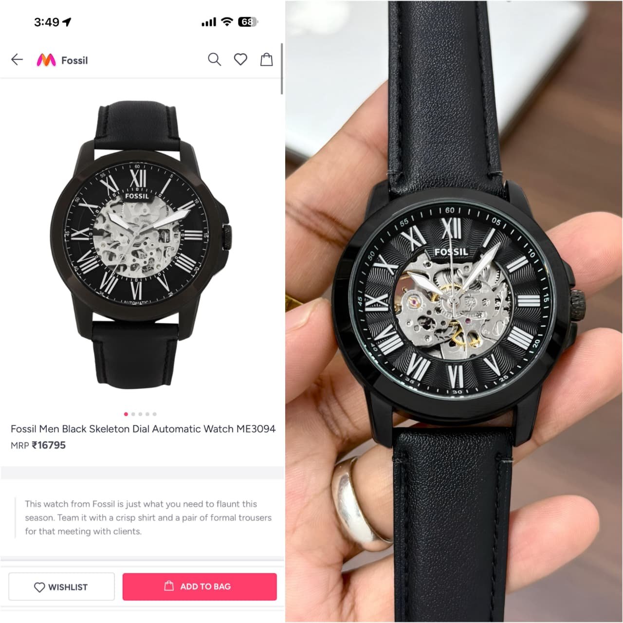 Fossil Grant Skeleton Automatic Black Dial Black Leather Strap Men's Watch (ME3094) - Image 2