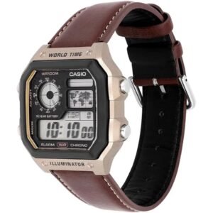 Casio Youth "Royale" World Time Digital Bronze Case Brown Leather Strap Watch (AE-1200WH) - Image 8