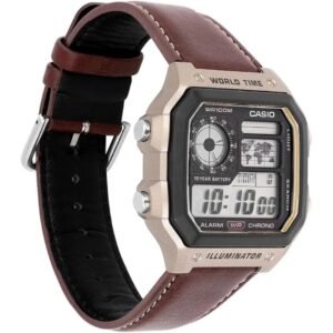 Casio Youth "Royale" World Time Digital Bronze Case Brown Leather Strap Watch (AE-1200WH) - Image 9