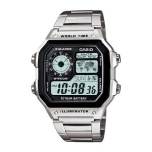 Casio Youth "Royale" World Time Digital Silver Case Stainless Steel Bracelet Watch (AE-1200WHD)